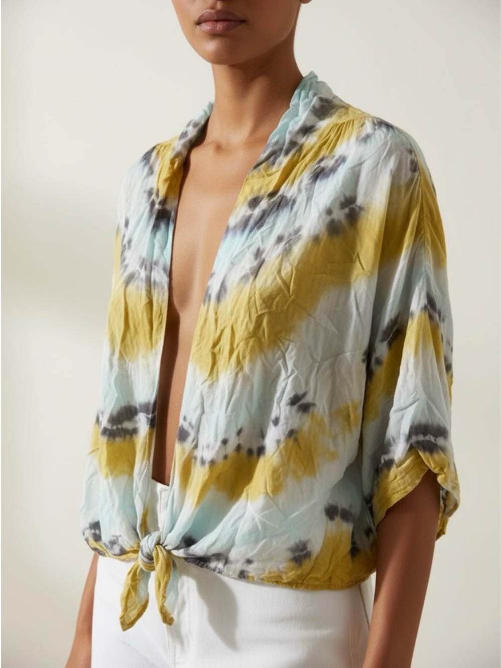 Young Fabulous & Broke Front-Tie Tie-Dye Blouse in Yellow, Light Blue & Gray - Picture 1 of 10